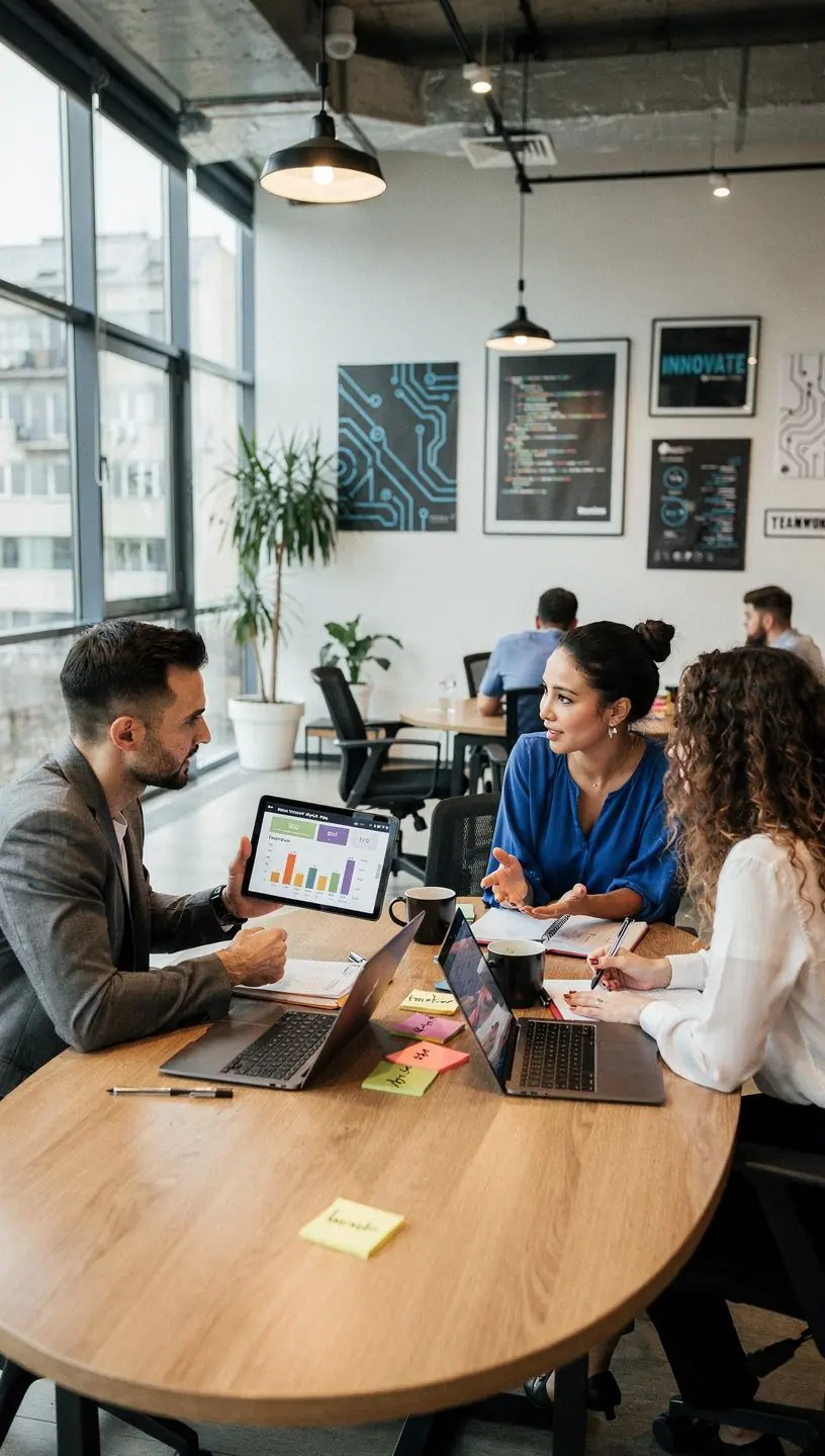 Fotografie a unei echipe de dezvoltare colaborând pentru implementarea soluțiilor de automatizare inteligentă