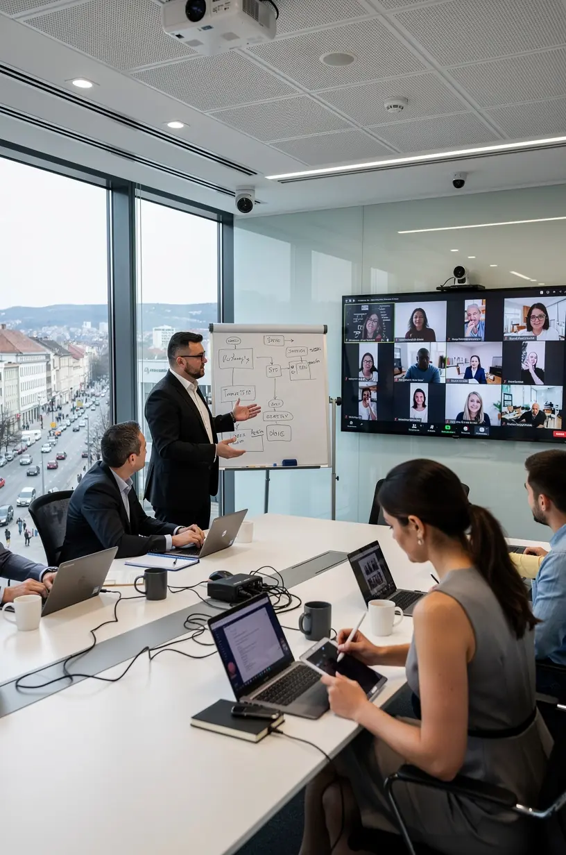 Imagine cu un specialist în automatizare analizând date pe un ecran digital modern